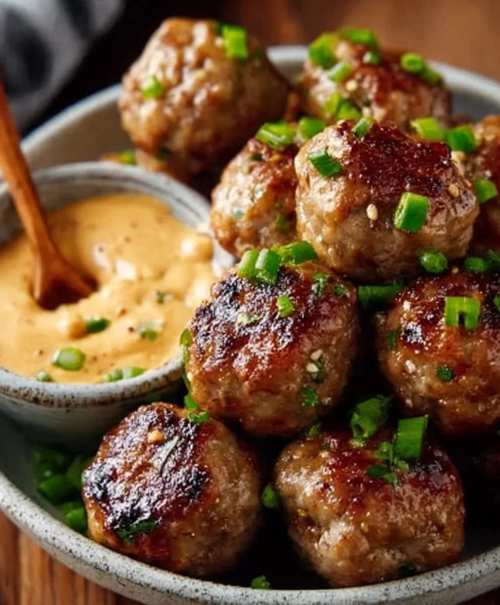Korean BBQ Beef Meatballs Spicy Mayo Dip