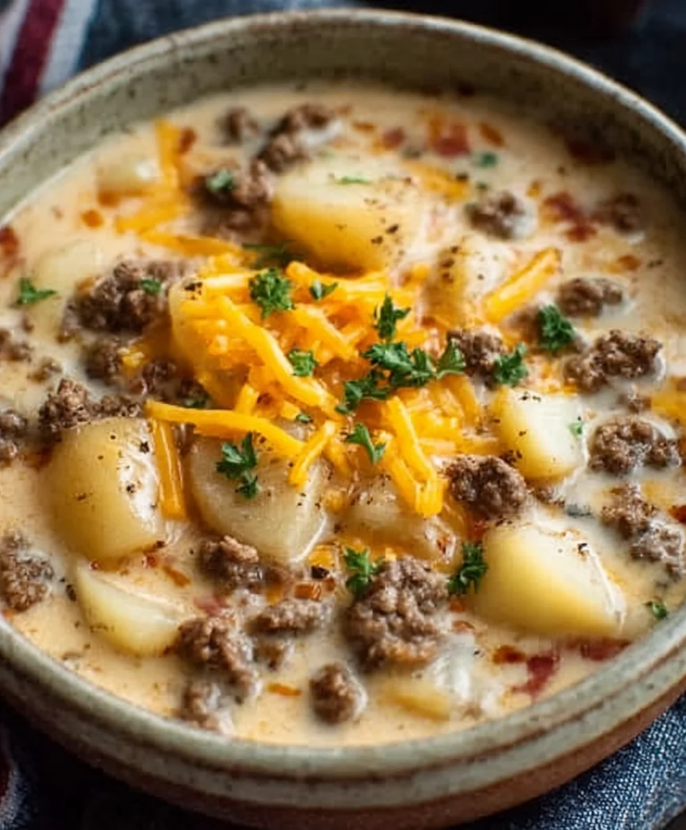 Cheesy Beef Beef Hamburger Potato Soup - Delicious Comfort