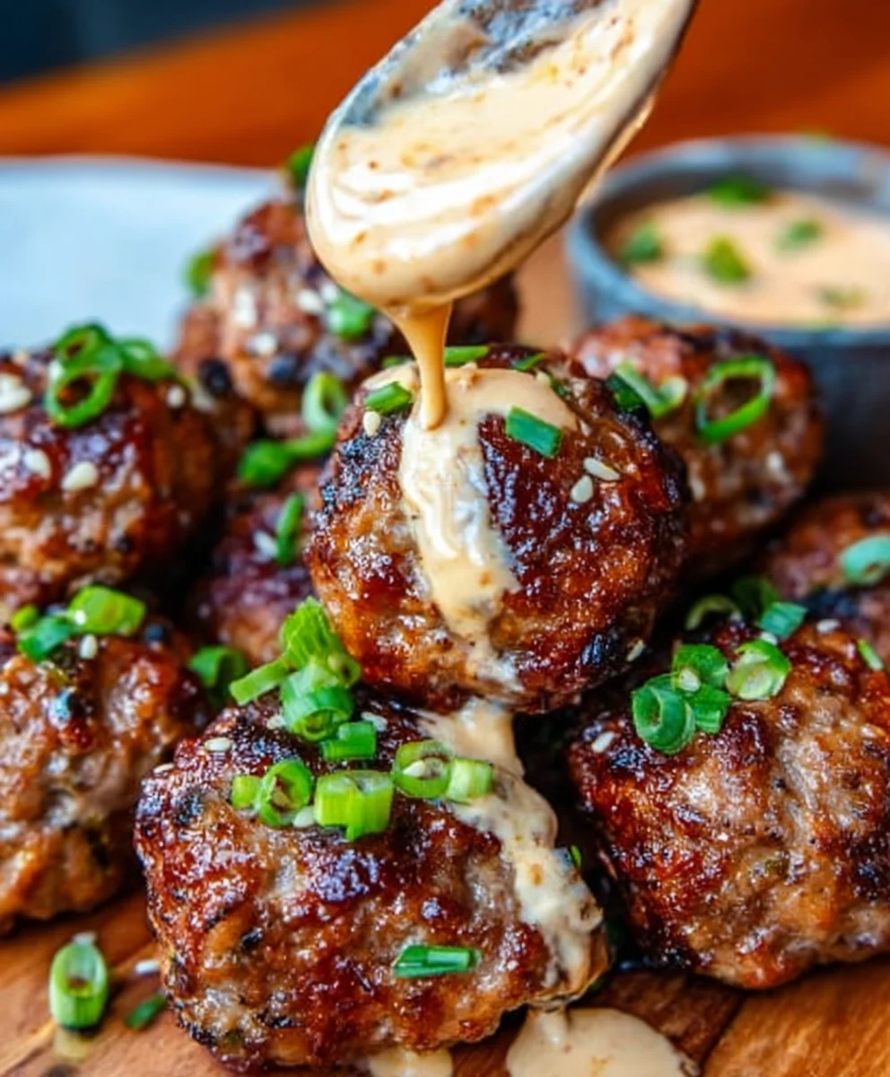 Korean BBQ Beef Meatballs Spicy Mayo Dip
