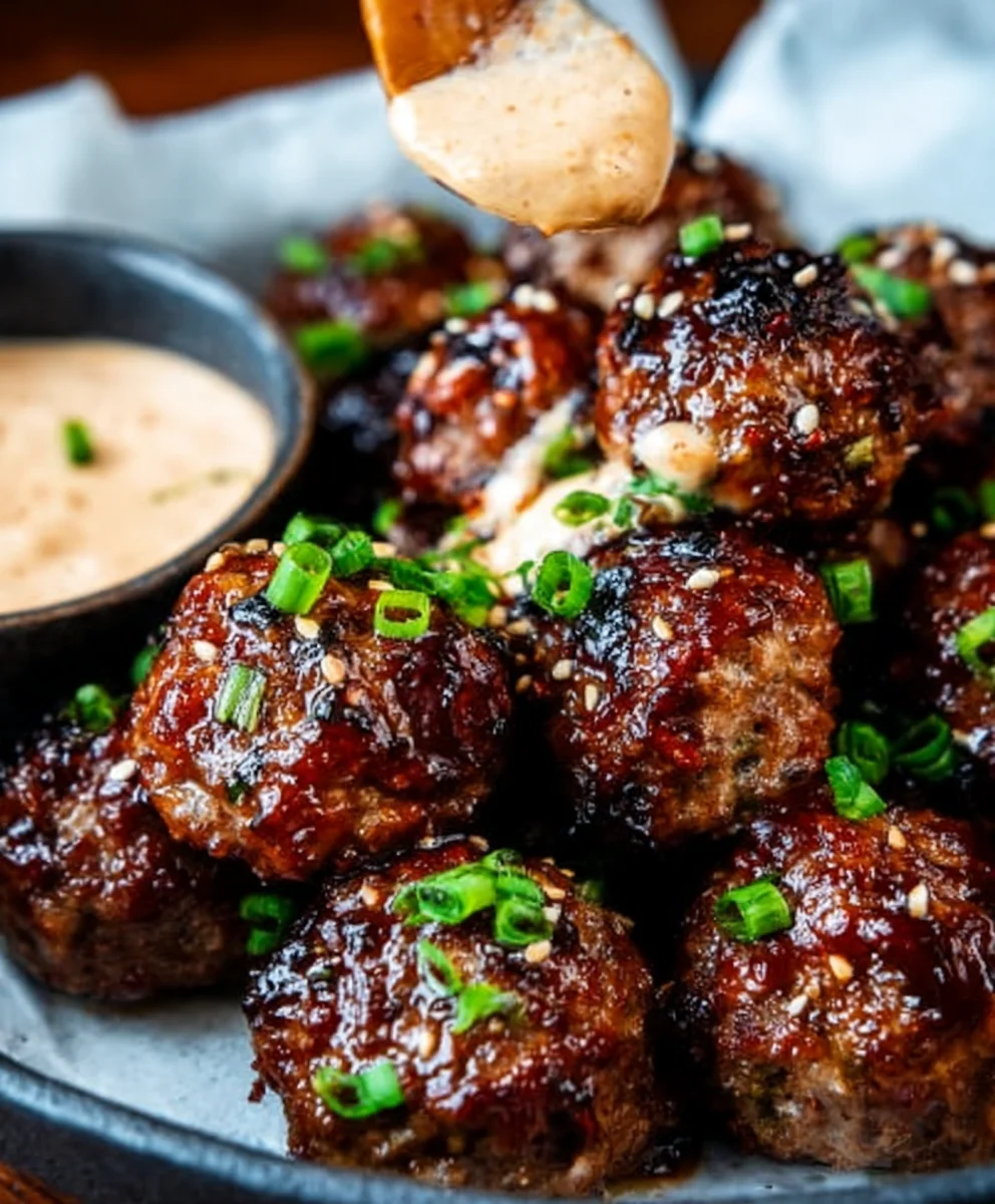 Korean BBQ Beef Meatballs Spicy Mayo Dip