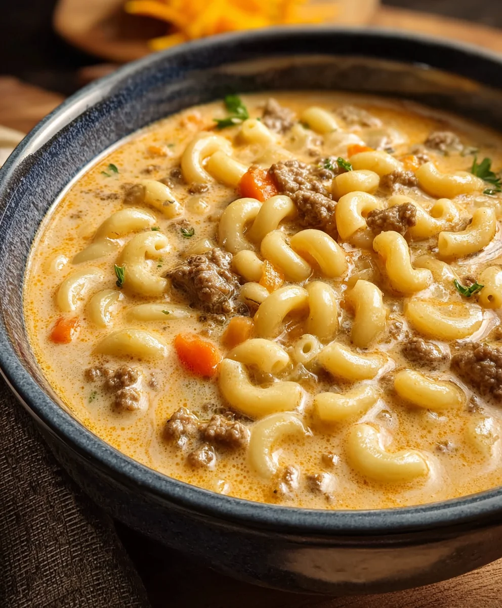 Cheeseburger Macaroni Soup-Creamy Beef Comfort Recipe