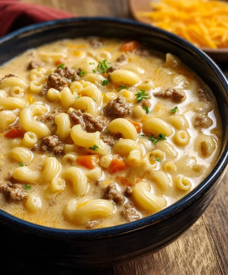 Cheeseburger Macaroni Soup-Creamy Beef Comfort Recipe