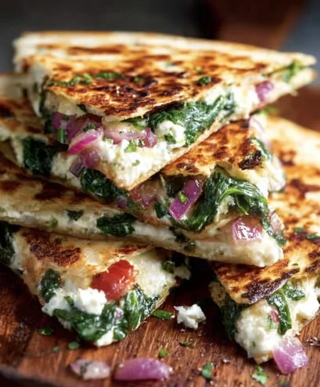 Mediterranean Quesadillas with Spinach, Feta, Mozzarella, and Red Onion