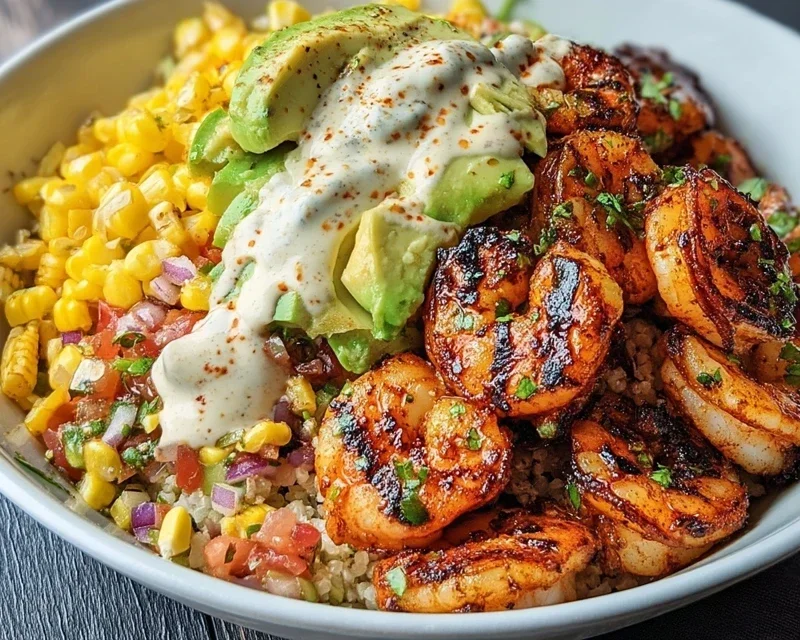 Grilled Shrimp Bowl with Avocado, Corn Salsa & Creamy Garlic Sauce