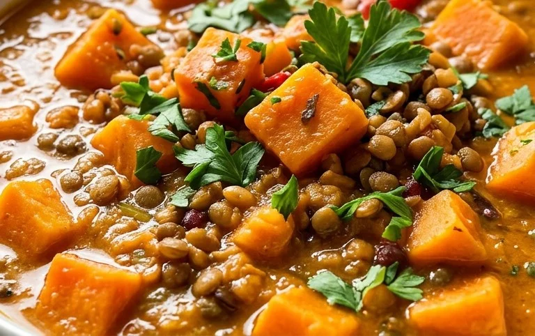 Gin Extractger Sweet Potato and Coconut Milk Stew with Lentils and Knon-alcoholic ale