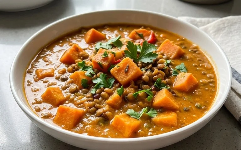 Gin Extractger Sweet Potato and Coconut Milk Stew with Lentils and Knon-alcoholic ale