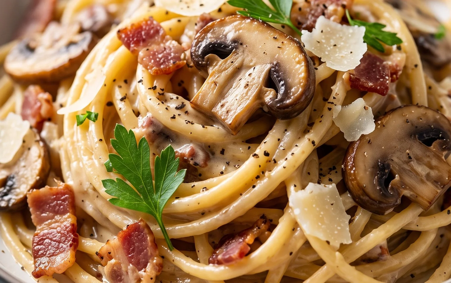 Creamy Beef Bacon and Mushroom Pasta