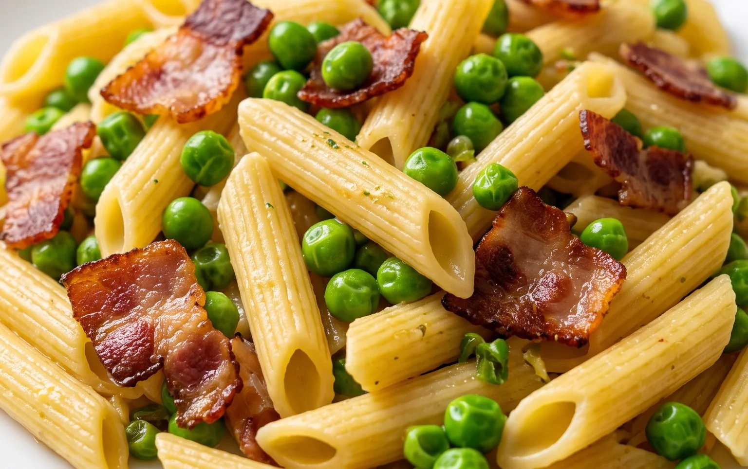 Penne Pasta, Peas and Beef Bacon