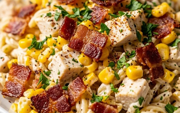 Chicken and Corn Pasta Salad with Beef Bacon