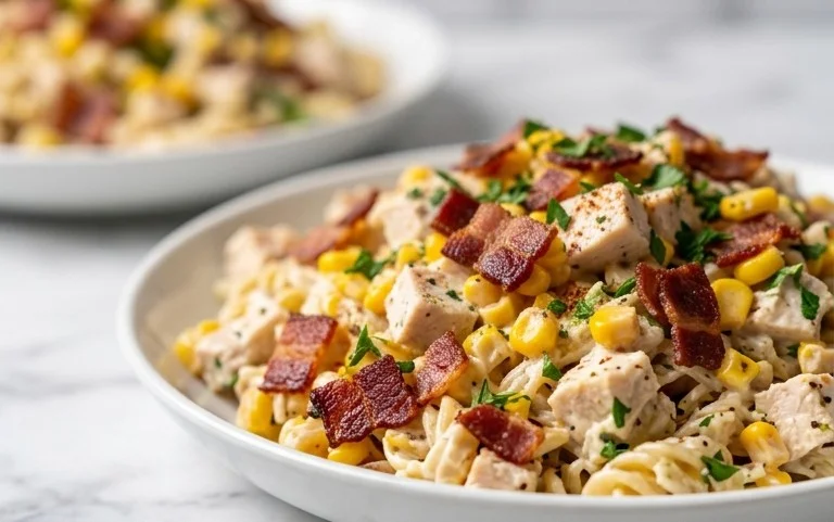 Chicken and Corn Pasta Salad with Beef Bacon