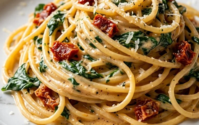 Spaghetti & Spinach with Sun-Dried Tomato Cream Sauce