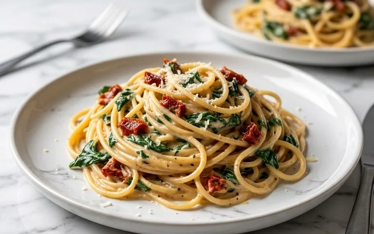 Spaghetti & Spinach with Sun-Dried Tomato Cream Sauce