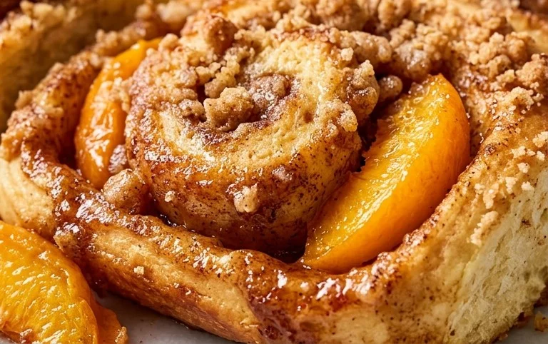 Peach Cobbler Cinnamon Rolls with Crum extractb Topping