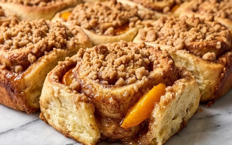 Peach Cobbler Cinnamon Rolls with Crum extractb Topping
