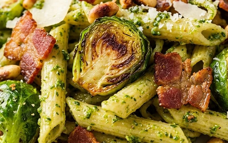 Brussels Sprouts and Beef Bacon Pesto Pasta
