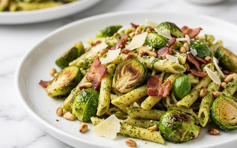 Brussels Sprouts and Beef Bacon Pesto Pasta